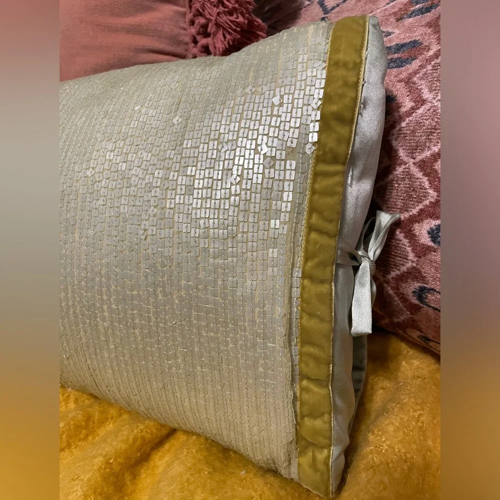 Michele Varian Silk and Sequin throw pillow cover with down insert seafoam green